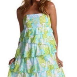 Lily Strapless Tiered Dress in Green and Blue